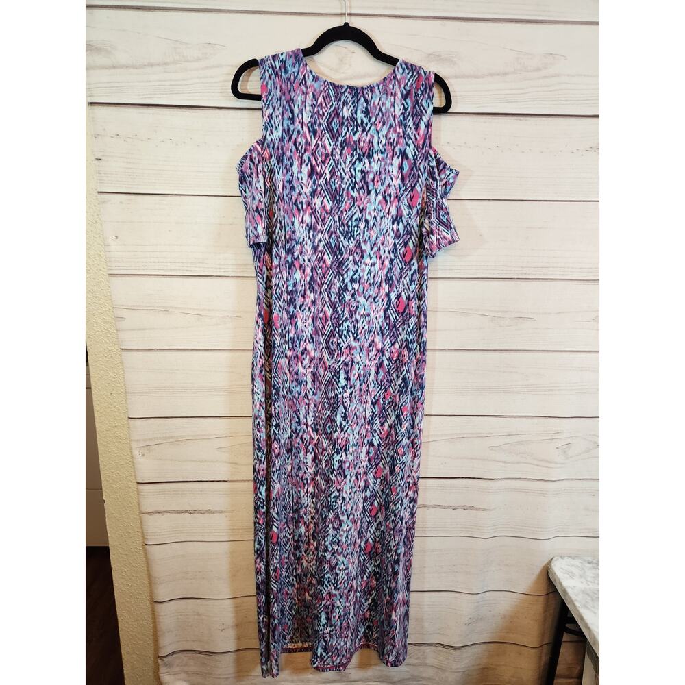Catherines Women's Purple Geometric‎ Cold Shoulder Gathered V-Neck Maxi Dress 0X - Picture 3 of 6